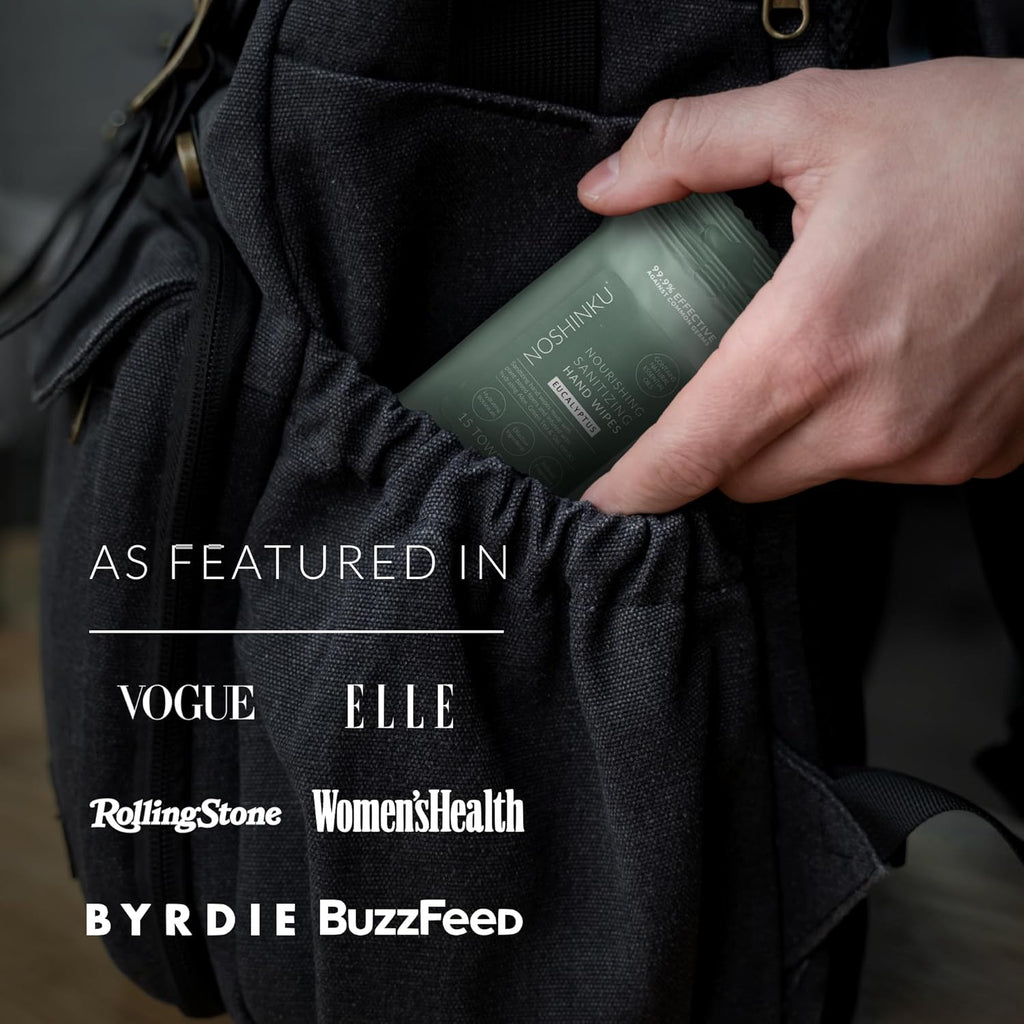 Noshinku Eucalyptus Hand Sanitizer Wipes, 3-Pack (45 Towelettes) – Resealable Travel Wipes with Ethyl Alcohol, Aloe & Green Tea, Plant-Based Fiber, Essential Oil Scents, Cruelty-Free & No Dyes