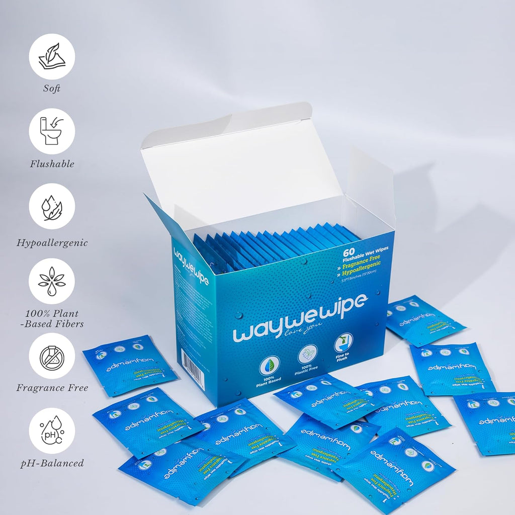 On-The-Go Flushable Wet Wipes, 60 Count XL Individually Wrapped Adult Wipes, Hypoallergenic 100% Plant Based Septic Safe, Travel Size Cleansing Cloth for Men & Women, Fragrance Free (60 Ct)