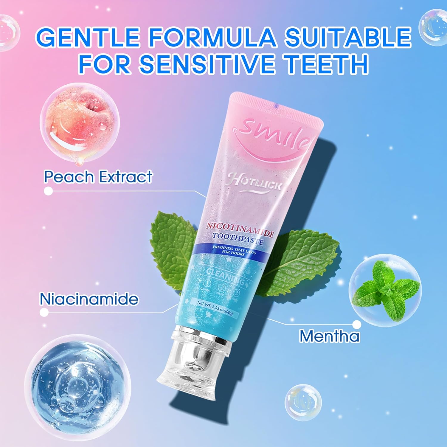 Hotluck Niacinamide Whitening Toothpaste - Brightening, Stain Removal, Freshening Breath - Deep Gentle Cleaning Tooth Paste, Boosting Gum Health, Mint & Peach 3.53oz