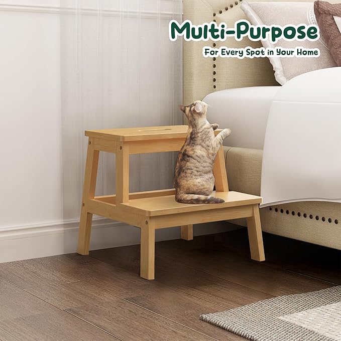 Bamboo 2 Step Stool for Kids & Adults, Wooden Kids Step Stool for Bathroom & Kitchen, Bed Steps for High Beds, Portable with Handle, Non-Slip & 350 Ibs Capacity