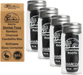 Natural Bamboo Dental Floss 4 Pack - Refillable Glass Containers (100 Feet Each) - Zero Waste, Vegan, Non Toxic, Extra-Strong Charcoal-Infused Floss