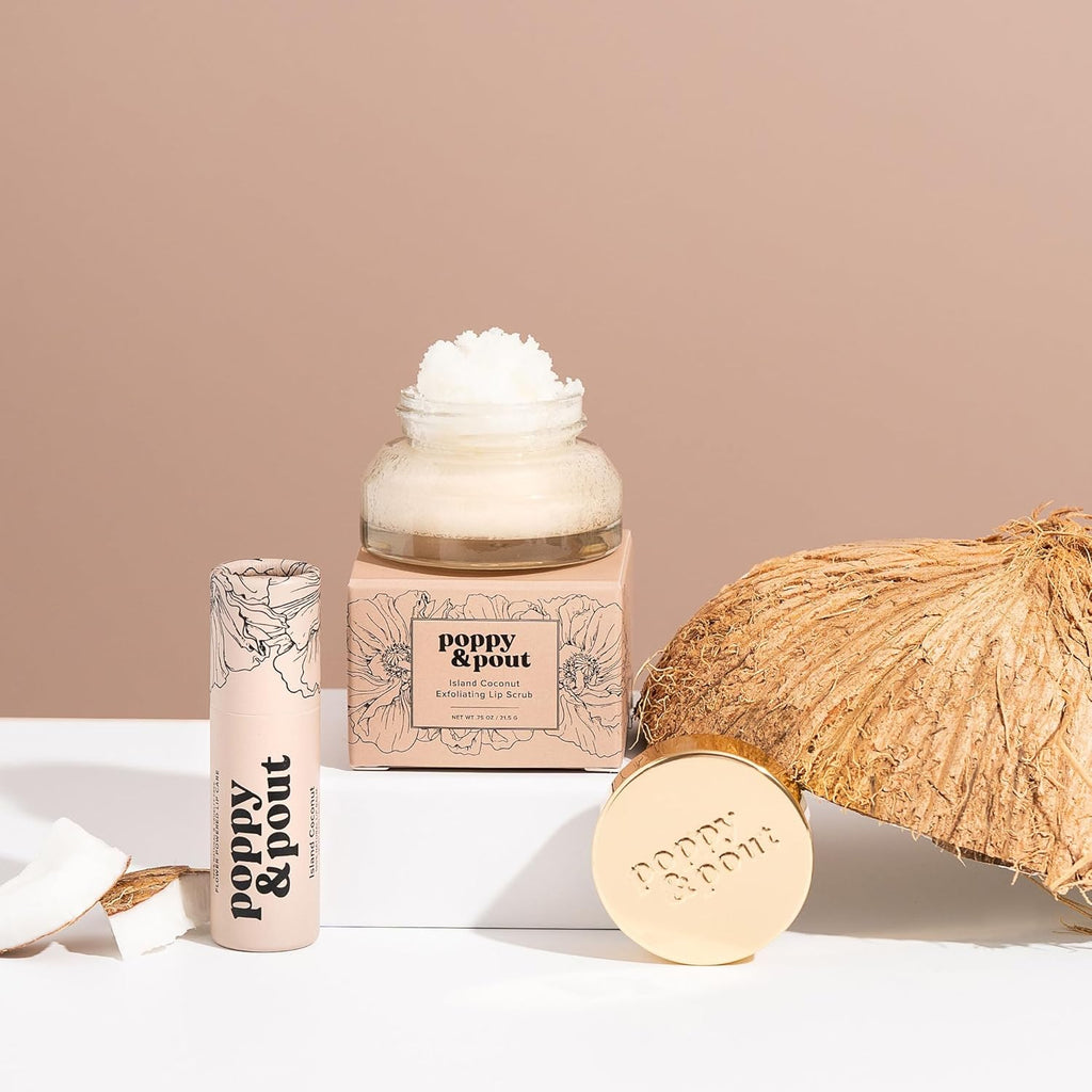 Poppy & Pout Lip Care Set | Lip Balm & Scrub | Sustainable Cardboard Tubes & Glass Jars, All Natural, Beeswax, Coconut Oil, Cruelty Free, Exfoliating & Moisturizing Lip Treatment (Island Coconut)