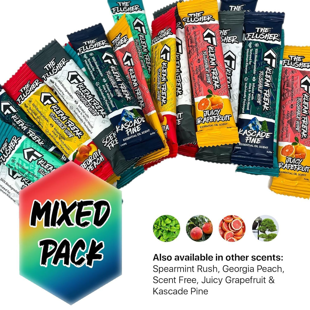 THE KLEAN FREAK FLUSHER - Flushable Wipes For Adults & Kids - 100% BIODEGRADABLE Individual Wrapped Travel WET Wipe for Toilet - Soothing Aloe & Witch Hazel - Alcohol Free 20 Pack - Mixed