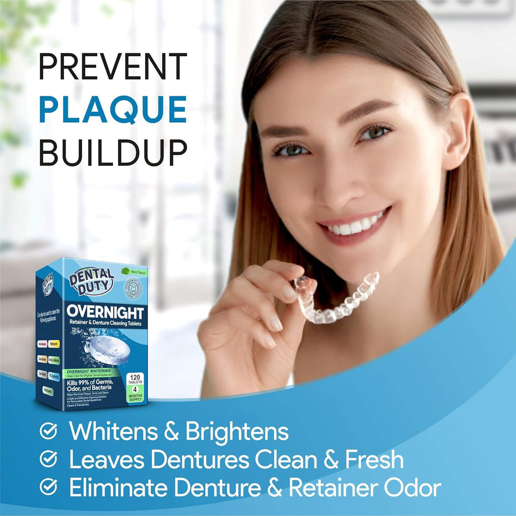 120 units Overnight Retainer & Denture Cleaning Tablets- Extra Strength, Best Cleaner Removes Bad Odor, Plaque, Stains from Retainers, Night Guards, Mouth Guard, & Dental Appliances.