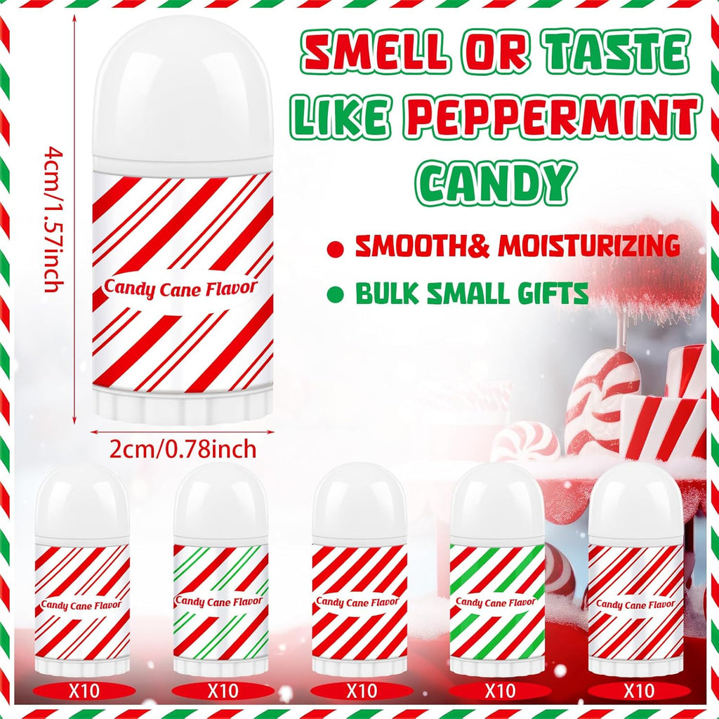 50 Pcs Christmas Lip Balm Bulk Mini Candy Cane Peppermint Flavor Lip Balms Bulk Christmas Stocking Stuffers Xmas Party Gifts Small Thank You Employee Appreciation Gifts for Women Men (Candy)