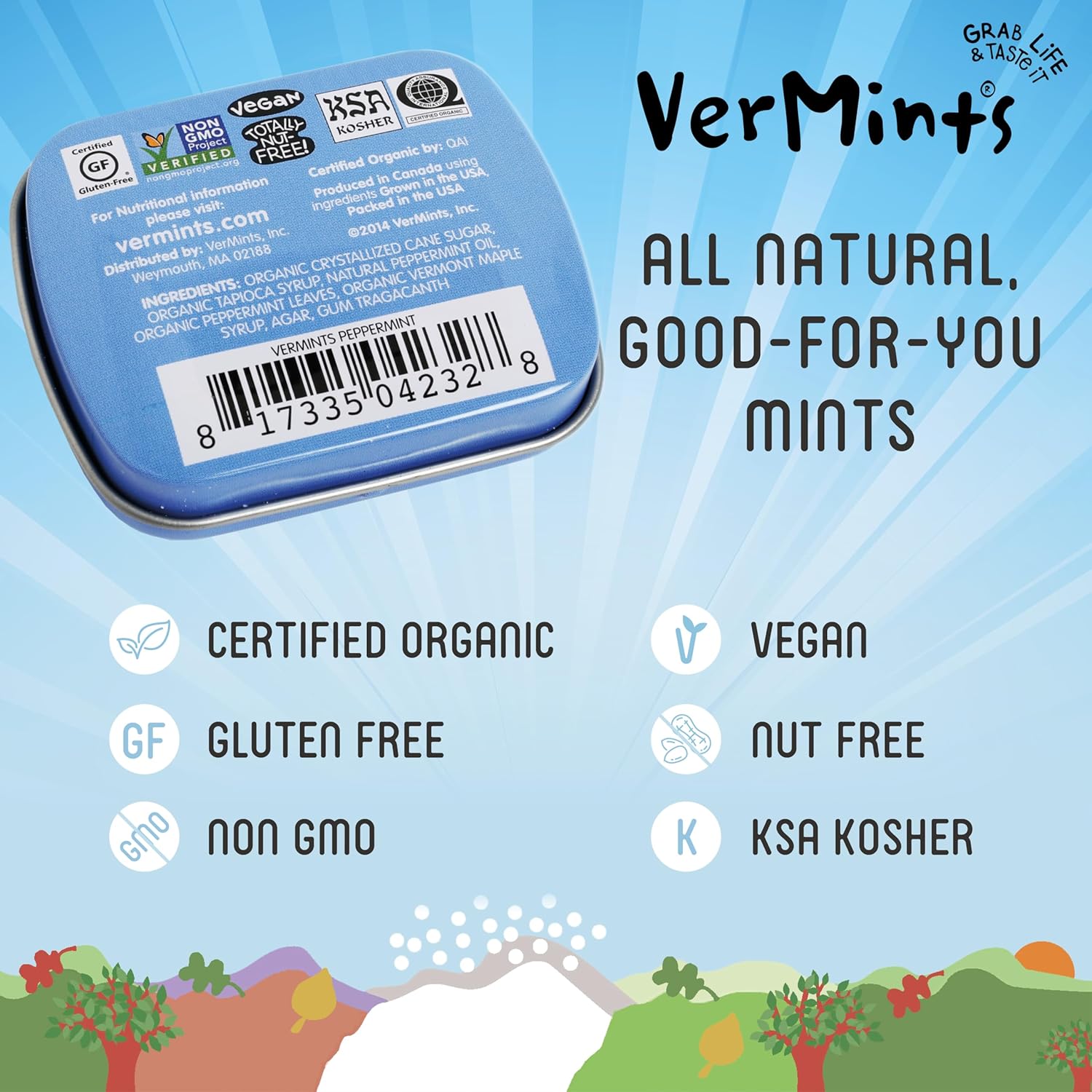 VerMints Organic Breath Mints PepperMint Candy Mints for Real Long-Lasting Flavor, Travel Size Tin - Non-GMO, Nut Free, Gluten Free, Vegan, Kosher Peppermints - .63oz/18g Tins (Pack of 12)