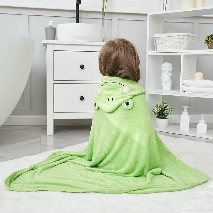 HIPHOP PANDA Hooded Towel - Rayon Made from Bamboo, Bath Towel with Bear Ears for Newborn, Babie, Toddler, Infant - Absorbent Large Baby Towel - Frog, 37.5 x 37.5 Inch