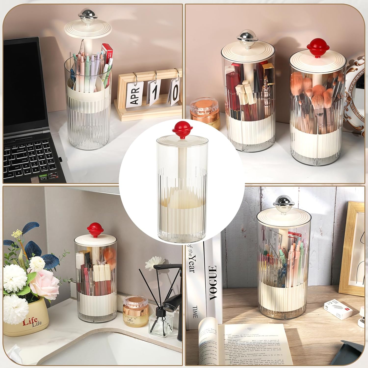 2 Pack Makeup Brush Holder with Lid Automatic Lifting Makeup Brush Organizer with Lid Dustproof & Waterproof 4-Compartment Clear Makeup Organizer for Vanity,Office,School,Dorm Room,Red+Silver