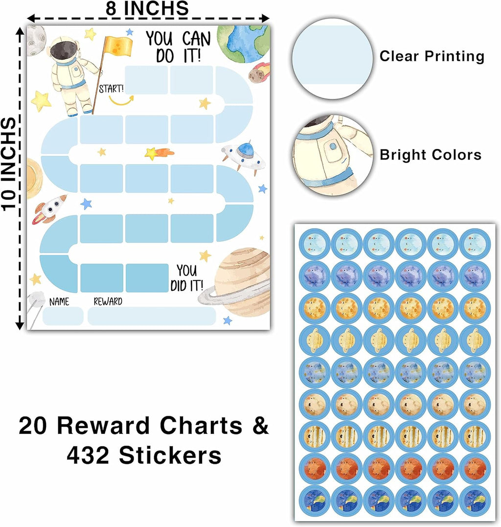20 Outer Space Astronaut Reward Chart with 432 Round Stickers, Incentive Behavior Chart for Kids at Home Classroom, Kids Routine Daily Chore Sticker Chart-B17