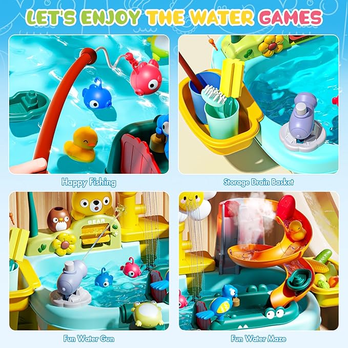 2026 Upgraded Toddler Sand Water Table Toy with Electric Water Pump, Kids Sand Water with Faucet/Play Food Accessories/Fishing Toy, Kitchen Play Sink Toys for Girl Boy Age 3+ (Blue)