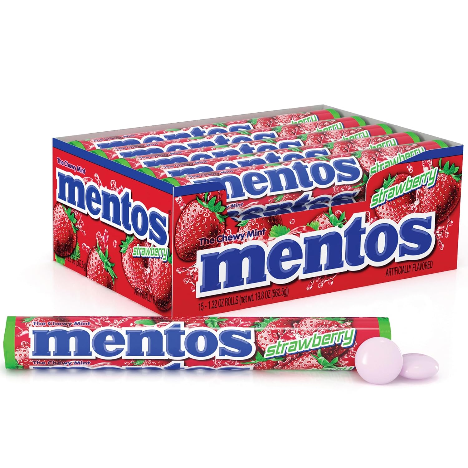 Mentos Chewy Mint Candy Roll, Strawberry, Non Melting, Party,15 Count (Pack of 1)