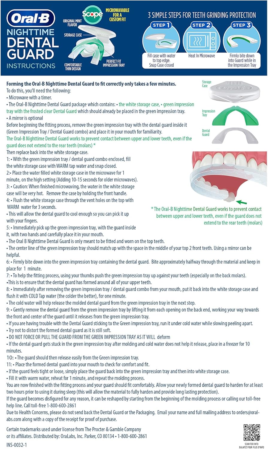 Oral-B Mouth Guard for Grinding Teeth at Night - Nighttime Dental Guard for Sleeping – Moldable Night Guard with Scope Mint Flavor – Less Than 3-Minutes for Custom Teeth Protection - 2 Pack