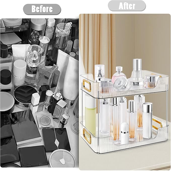 2-Tier Bathroom Counter Organizer Countertop Storage, Dresser Organizer Vanity Tray for Makeup, Perfume Organizer Cosmetics Skincare Shelf - Clear