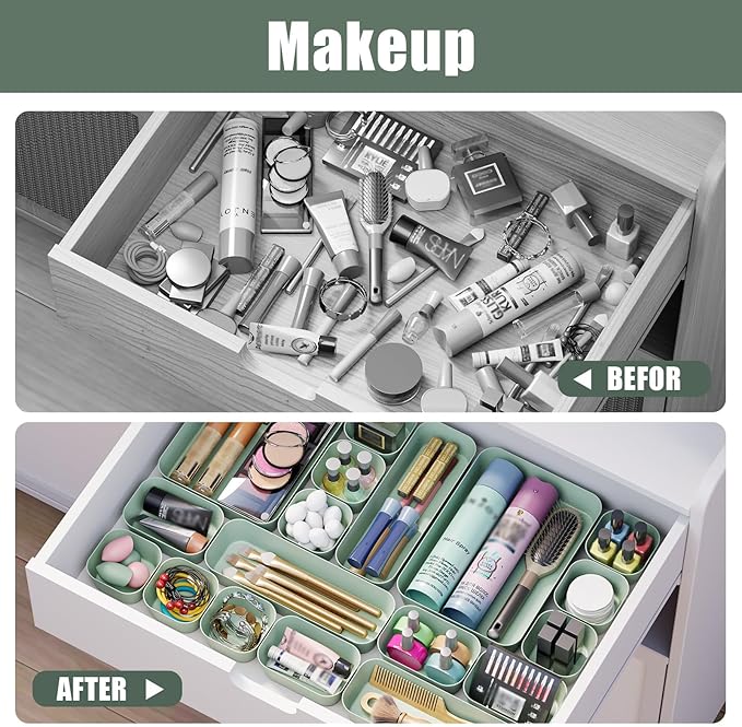 Plastic Drawer Organizers, 18 PCS Drawer Organizer Bins, Bathroom and Vanity Organizer Plastic Tray, Makeup organizer and storage for Makeup, Bedroom, Kitchen Gadgets Utensils and Office