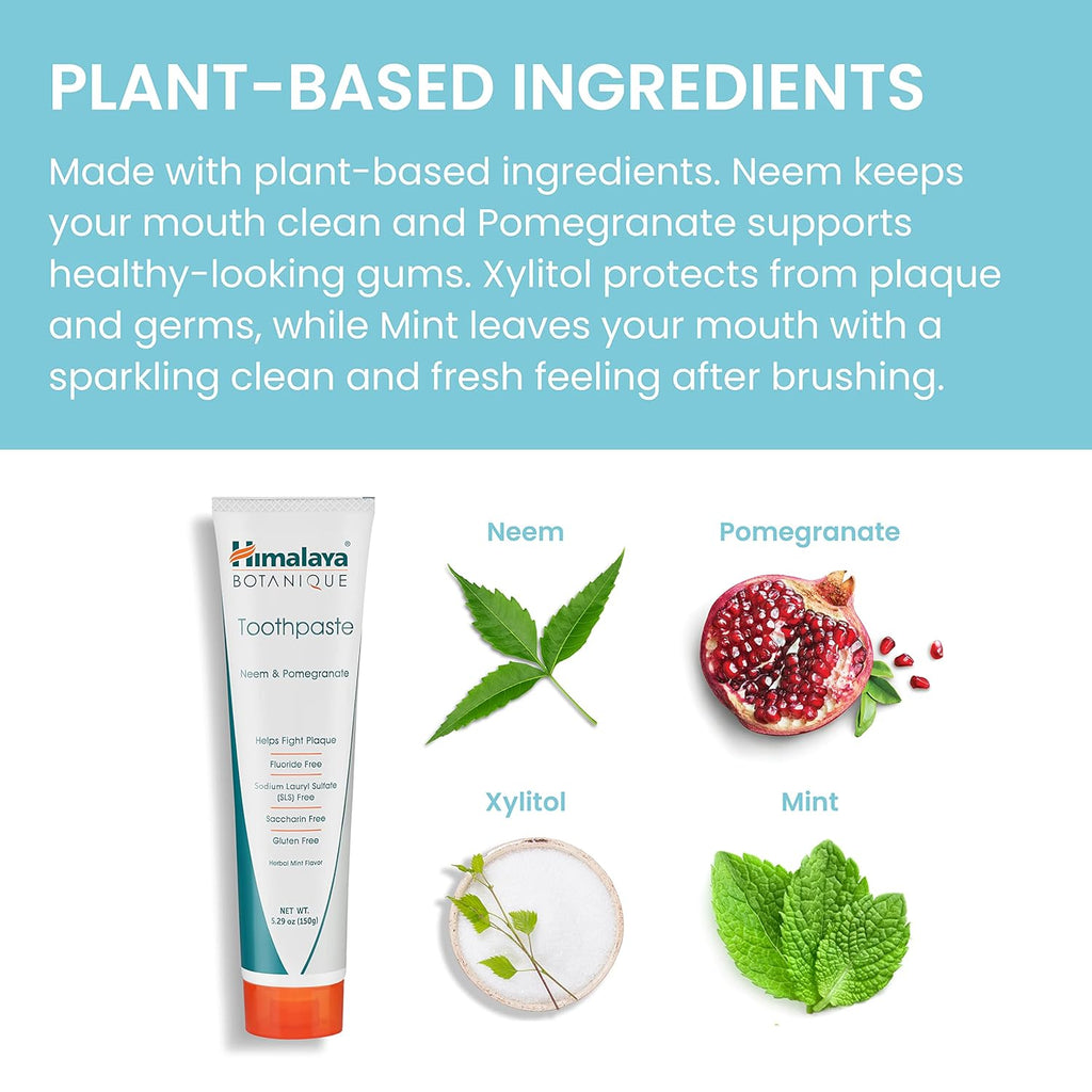 Himalaya Botanique Original Neem & Pomegranate Botanical Toothpaste, Fights Plaque, Brightens Teeth, Fluoride Free, No Artificial Flavors, SLS Free, Cruelty Free, Foaming, Mint Flavor, 5.29 Oz, 4 Pack