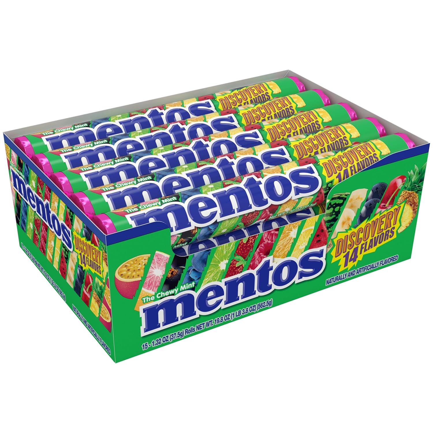 Mentos Chewy Mint Candy Roll, Discovery 14 Assorted Fruit Flavors, 14 Pieces Per Roll, 15 Count Showbox