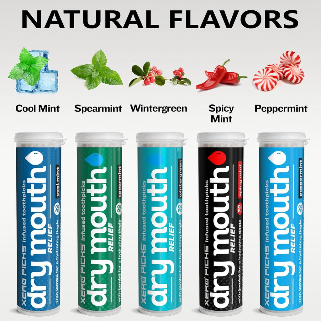 Xero Picks Infused Tooth Picks for Long-Lasting Fresh Breath & Dry Mouth Prevention - 20 Picks (Variety Mints, 5 Pack)-Spearmint, Cool Mint, Wintergreen, Peppermint, Spicy Mint