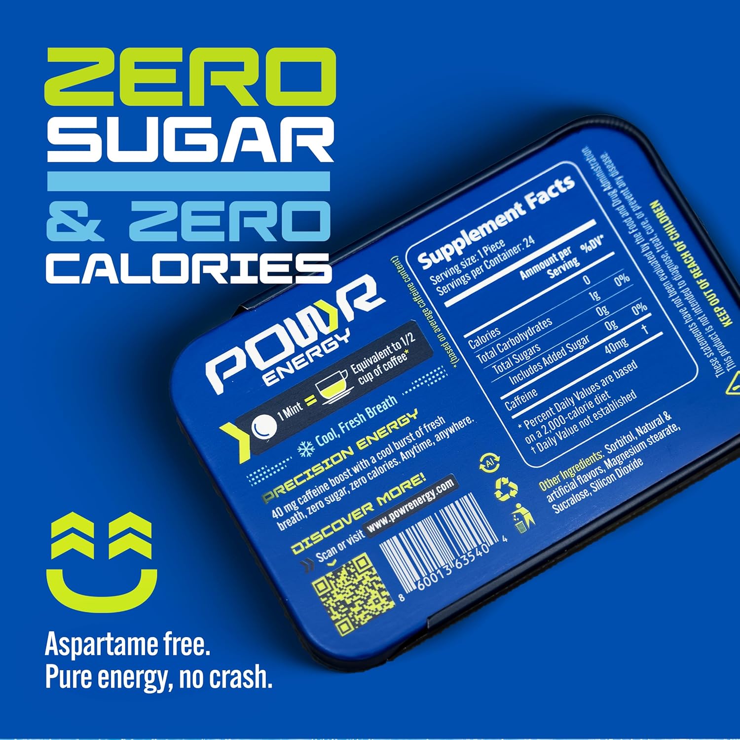 POWR Energy Mints - 24 Mints, 40mg of Caffeine Per Mint, Sugar Free, Zero Calories, No Aspartame - Pre-Workout, Cycling, Running, Endurance - Focus & Energy