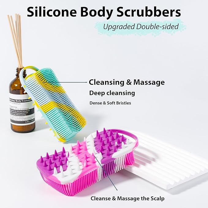 2 PC Silicone Body Scrubber, 2 in 1 Exfoliating Shower Bath Scrubber, Soft Silicone Loofah for Sensitive Skin, Shower Hair Scalp Massager, Easy to Clean, Lather Well (Purple & Yellow)