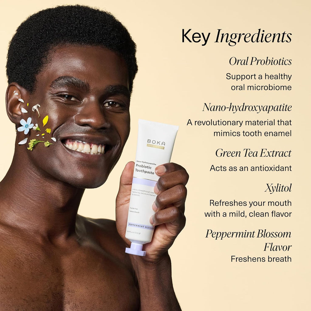 Boka Fluoride Free Toothpaste, Nano Hydroxyapatite Toothpaste, Appropriate for Sensitive Teeth - for Adult, Kids Oral Care - Probiotics - Peppermint Blossom, 4 Fl Oz 1Pk US Manufactured