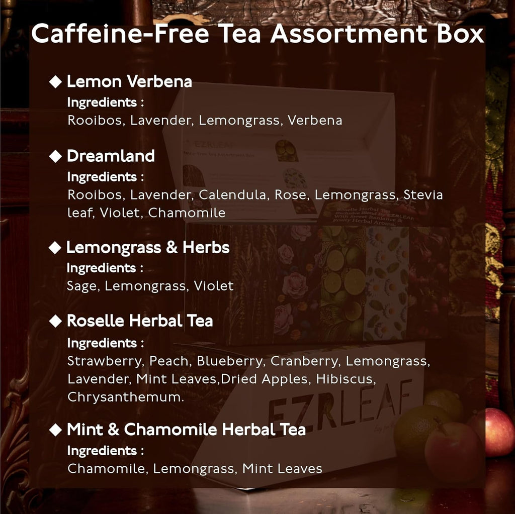 Decaf Herbal Tea Sampler – EZR Leaf 22ct Caffeine-Free Pyramid Bags, Assorted Fruit & Floral Blends with Lemon Verbena, Chamomile Mint, Dreamland, Roselle – Variety Tea Gift Set for Tea Lovers