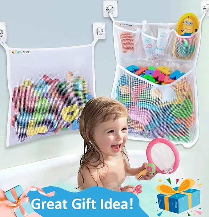 2 x Large Bath Toy Holder, Kids Bath Tub Toy Basket, Corner Mesh Bag, Baby Bathtub Storage Organizer, Bathroom Net Bucket, Toddler Shower Caddy Hanging Bin with 6 Suction Cups, 4 Adhesive Wall Hooks