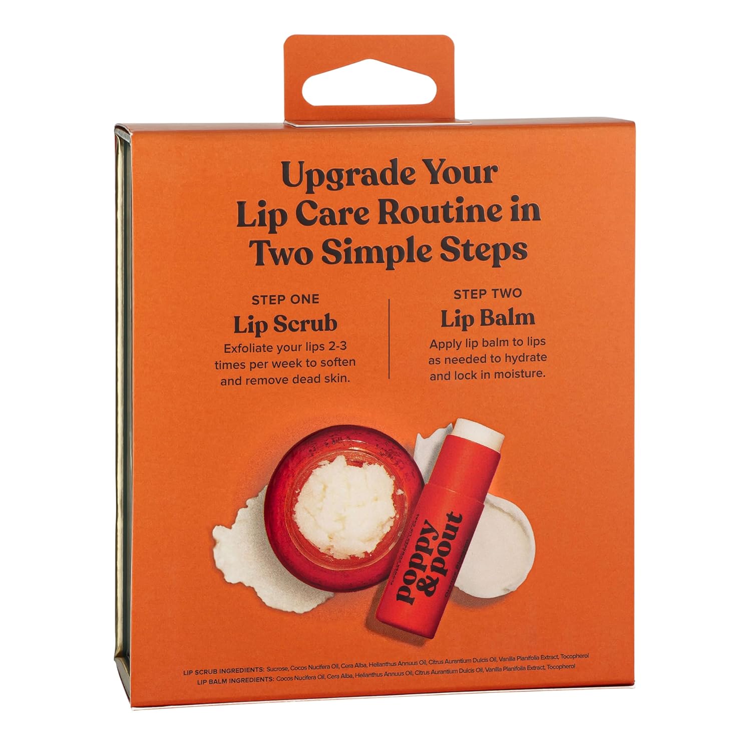 Poppy & Pout Lip Care Set | Lip Balm & Scrub | Sustainable Cardboard Tubes & Glass Jars, All Natural, Beeswax, Coconut Oil, Cruelty Free, Exfoliating & Moisturizing Lip Treatment (Orange Blossom)