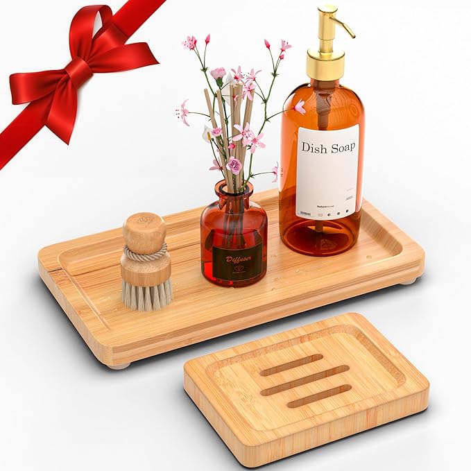 Bamboo Bathroom Accessories Set 2pcs - Wooden Bar Soap Dish Holder and Bamboo Tray for Bathroom, Kitchen Countertop, Shower, Neutral Kitchen Sink Dish Soap Tray, 9 inch, Natural
