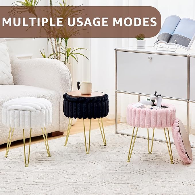 Wimarsbon Vanity Stool with Storage, Faux Fur Ottoman Chair with Metal Legs, Round Makeup Vanity Chair for Bedroom or Dressing Table, Modern Small Ottoman Seat (White)