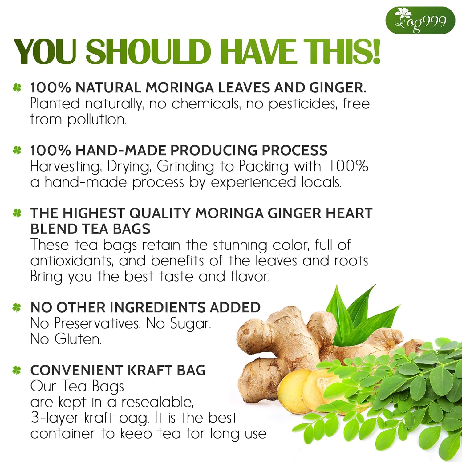 TOG999, Permium Moringa Ginger Herbal Tea – 60 Tea Bags – Caffeine-Free, Smooth & Warming Blend – Pure Ingredients, Sustainably Sourced. No Sugar. No Gluten. Vegan.