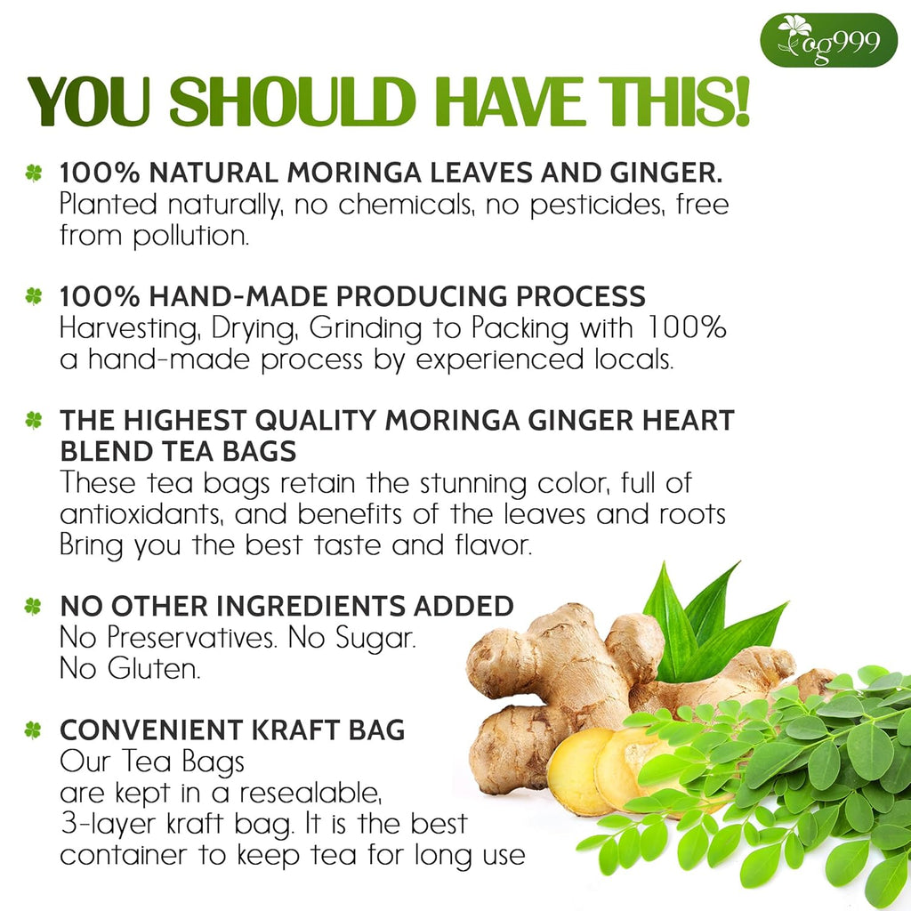 TOG999, Permium Moringa Ginger Herbal Tea – 120 Tea Bags – Caffeine-Free, Smooth & Warming Blend – Pure Ingredients, Sustainably Sourced. No Sugar. No Gluten. Vegan.
