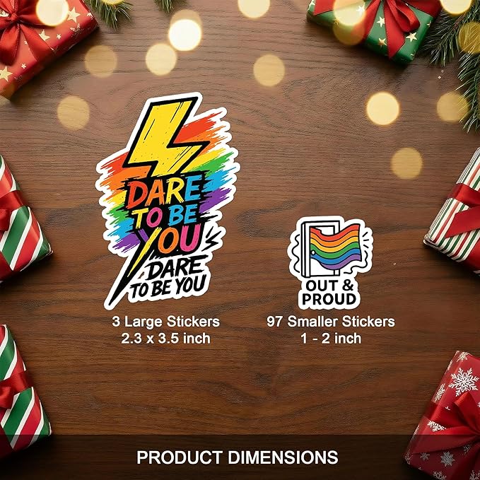 100 Pcs Rainbow Flag Pride Stickers Mixed, Stuff Vinyl Sticker Waterproof Decal Decore Laptop Water Bottle Scrapbook Hard Hat Funny Gift for Men Boy Birthday Christmas