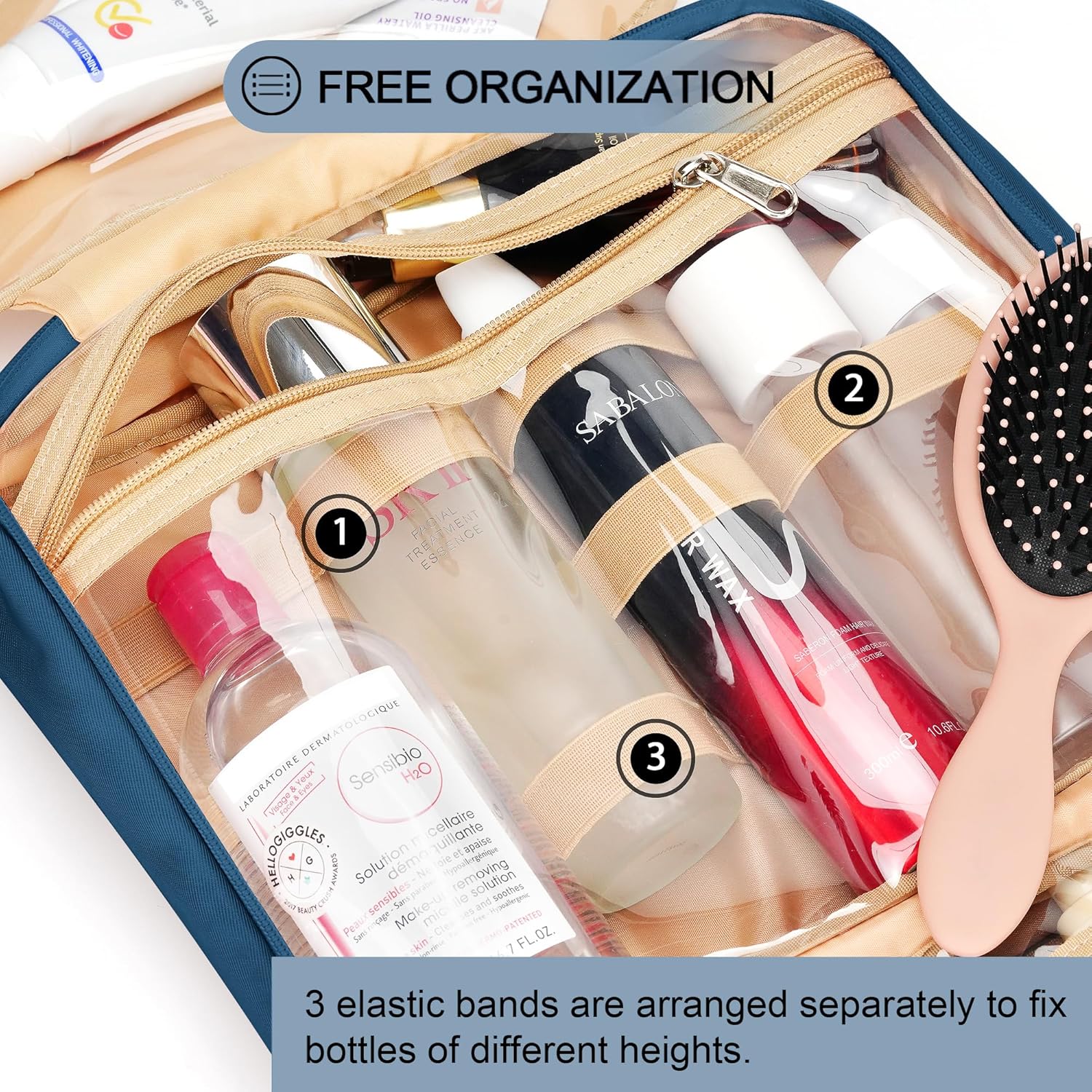 Travel Hanging Toiletry Bag for Women, Large Makeup Bag 8 Leak Proofing Silicone Bottle Covers, Waterproof Cosmetic Bag with Jewelry Organizer Compartment, Toiletries Kit Set, Navy Blue