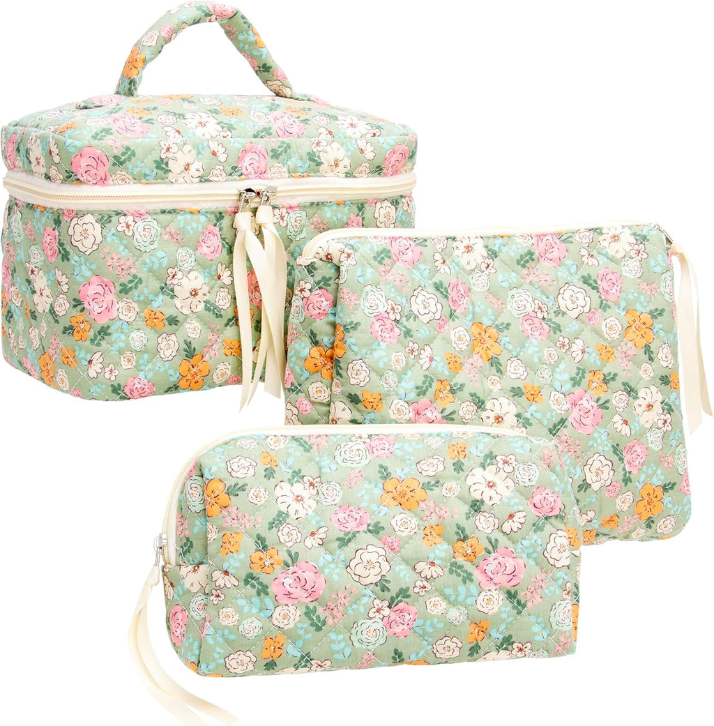 PAZIMIIK 3PCS Makeup Bag SET Large Travel Quilted Zipper Soft Cosmetic Case Pouch for Women Girls Make Up,Green Flower