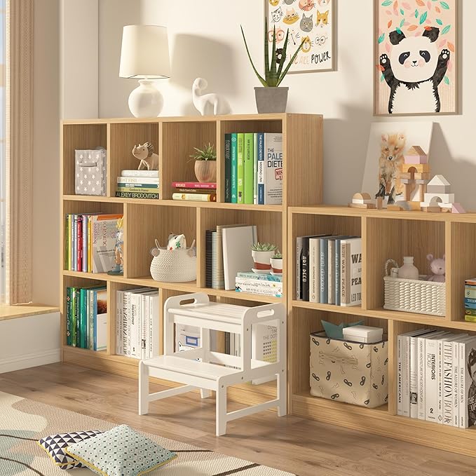 Step Stool for Kids Bamboo Toddler Two Steps Stool with Anti-Slip and Handles Stairs 300 lbs Capacity for Bathroom Kitchen Bedroom(White)