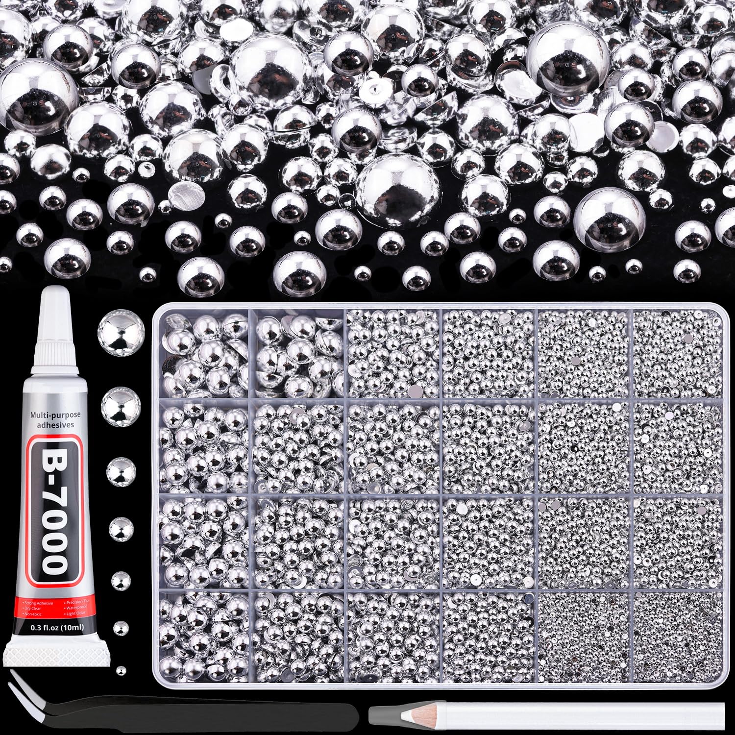 13500Pcs Flatback Pearls for Bedazzling (Silver) with B7000 Jewelry Glue, Assorted Size 2/3/4/5/6/8/10mm Half Pearl, Bedazzling Gems for Crafting Clothing Tumbler Shoes Embellishment Nail Art