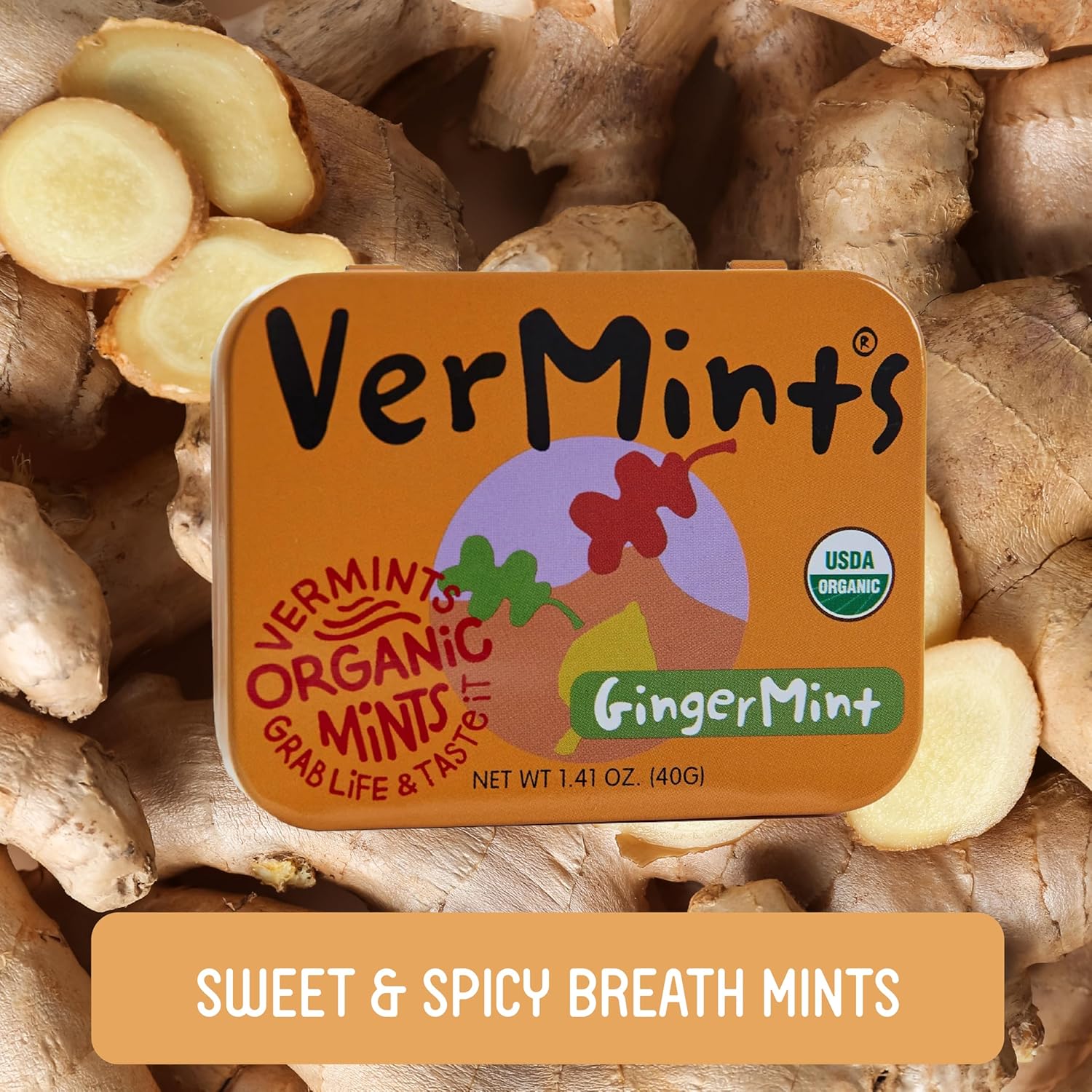 VerMints Organic Breath Mints GingerMint - Real Ginger Flavored Candies - Travel Size Tin - Non-GMO, Nut Free, Gluten Free, Vegan, Kosher Organic Candy Mints - 1.41oz Tins (Pack of 6)