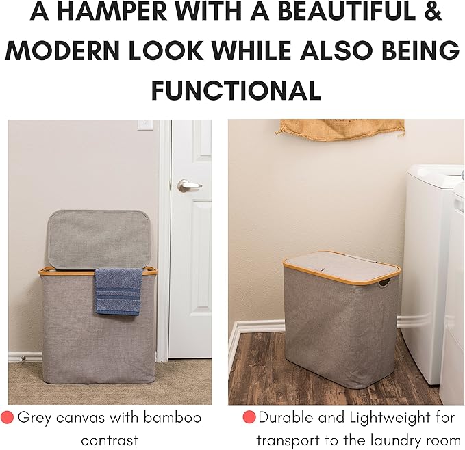 BirdRock Home Bamboo & Canvas Hamper | Single Laundry Basket with Lid | Foldable Hamper | Cut Out Handles