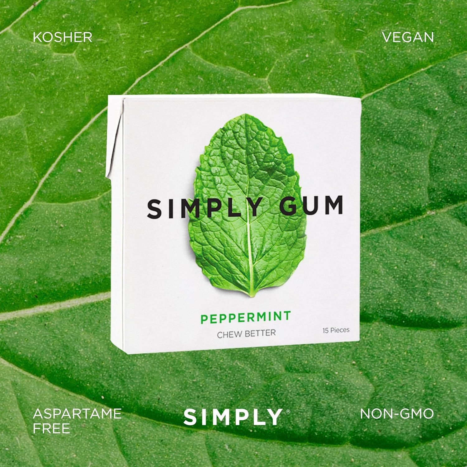 SIMPLY Gum Peppermint, Plastic-Free Natural Chewing Gum, 12 Pack (180 Pieces) | Vegan, Kosher, Non GMO, Aspartame Free and Sorbitol Free