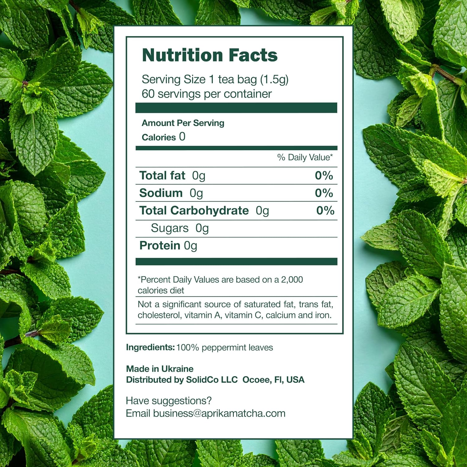 100% Pure Peppermint Tea - Only Mint Leaves without Stems, Peppermint Tea Bags, Caffeine-Free Tea Bags, 60 count, by Aprika Life