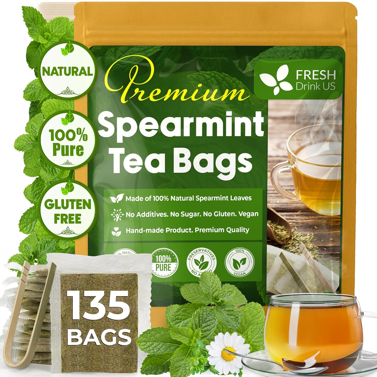 FreshDrinkUS Premium 135 Spearmint Tea Bags, 100% Natural & Pure Spearmint Leaves. Loose Leaf Herbal Tea. No Sugar, No Caffeine, No Gluten, Vegan
