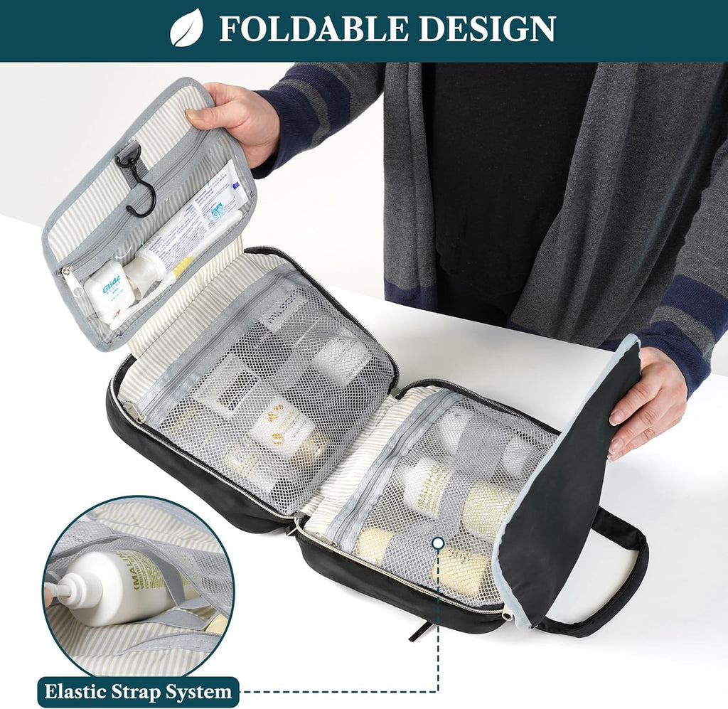 PAVILIA Hanging Toiletry Bag Travel Bag Women Men, Foldable Cosmetic Organizer, Roll up Makeup Bag, Water Resistant Accessories Toiletries, Large Travel Essentials Kit (Black Gold)