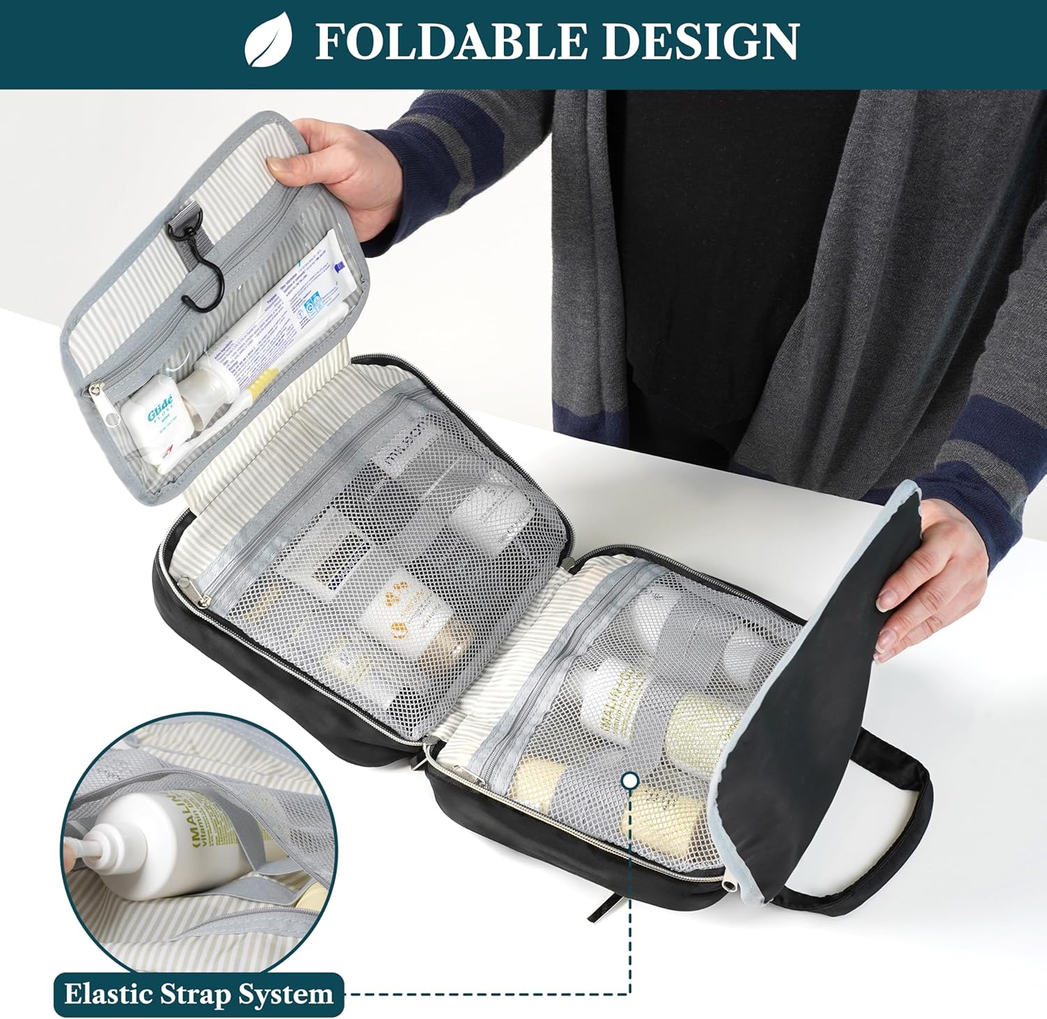 PAVILIA Hanging Toiletry Bag Travel Bag Women Men, Foldable Cosmetic Organizer, Roll up Makeup Bag, Water Resistant Accessories Toiletries, Large Travel Essentials Kit (Black Gold)