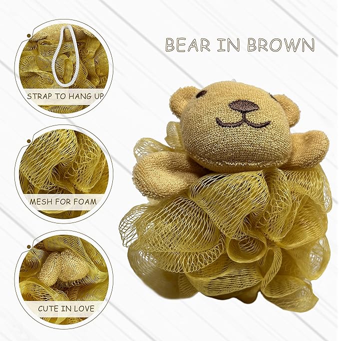 (4 Pack) Lovely Animal Design Kids Exfoliating Bath Scrubber Body Scrubber Shower Ball for Baby Toddler Kids Gentle Exfoliating Bath Sponge Loofah Pouf in Colorful Design (Joyful TERRICOLE)