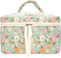 PAZIMIIK Quilted Makeup Bag Large Travel Zipper Soft Cosmetic Case for Women Girls Make Up,Green Flower
