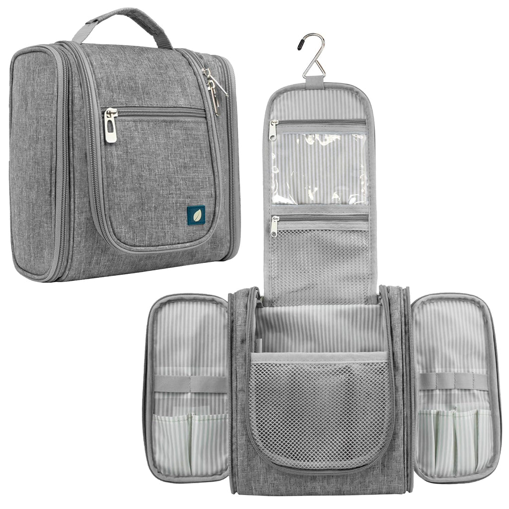 PAVILIA Toiletry Bag Travel Bag for Women Men, Hanging Cosmetic Organizer, Water Resistant Makeup Bag for Accessories Toiletries, Large Travel Essentials Kit (Grey)