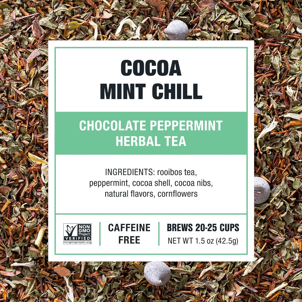 Tiesta Tea Cocoa Mint Chill Loose Leaf Tea, Chocolate Peppermint Herbal Rooibos Blend, Non-Caffeinated, Real Fruit, Herbs, Spices, Hot or Iced Brew, Makes Up to 25 Cups, Resealable Pouch, 1.5 Ounce