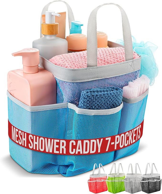 Handy Laundry Mesh Shower Caddy - 7 Pocket Portable Bathroom Organizer Tote for Travel, Gym & Dorm - Collapsible Small Shower Caddy Bag to Hold Toiletries & Essentials (Blue)