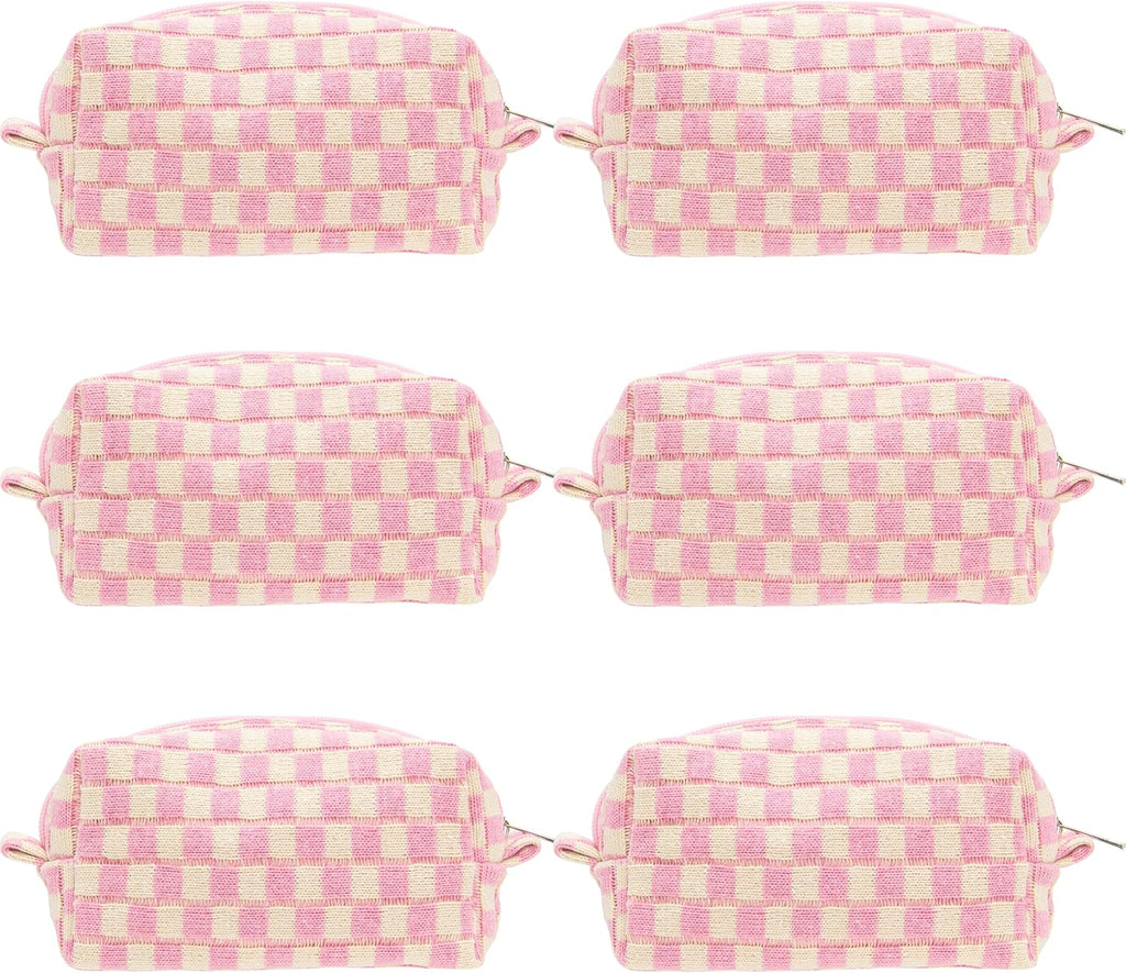 PAZIMIIK 6PCS Checkered Makeup Bag for Purse Portable Zipper Make Up Pouch Small Cosmetic Case for Travel Accessories Pink Beige