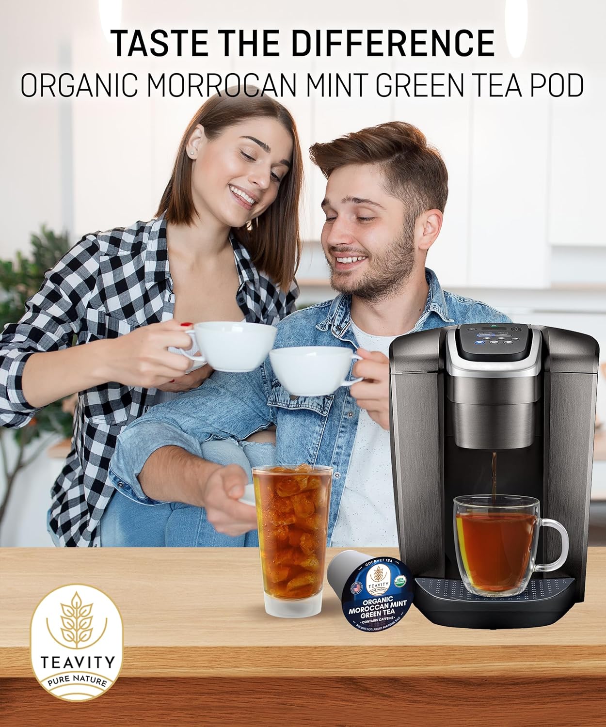 Organic Moroccan Mint Tea and Green Tea Pods for Keurig - Caffeinated Unsweet Tea for K Cup Brewing by Teavity (24 Tea Pods)